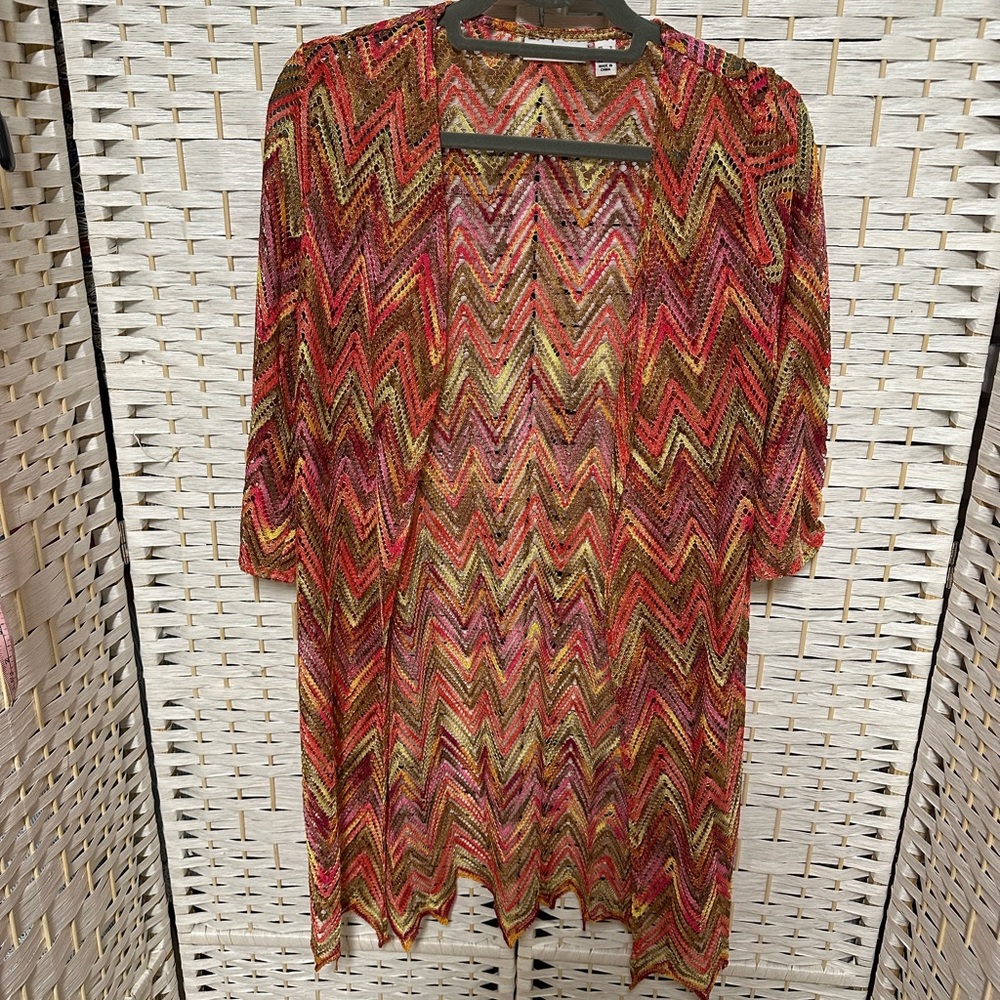 Susan Graver Fall Colors Chevron Open Front Crochet Duster Sz S